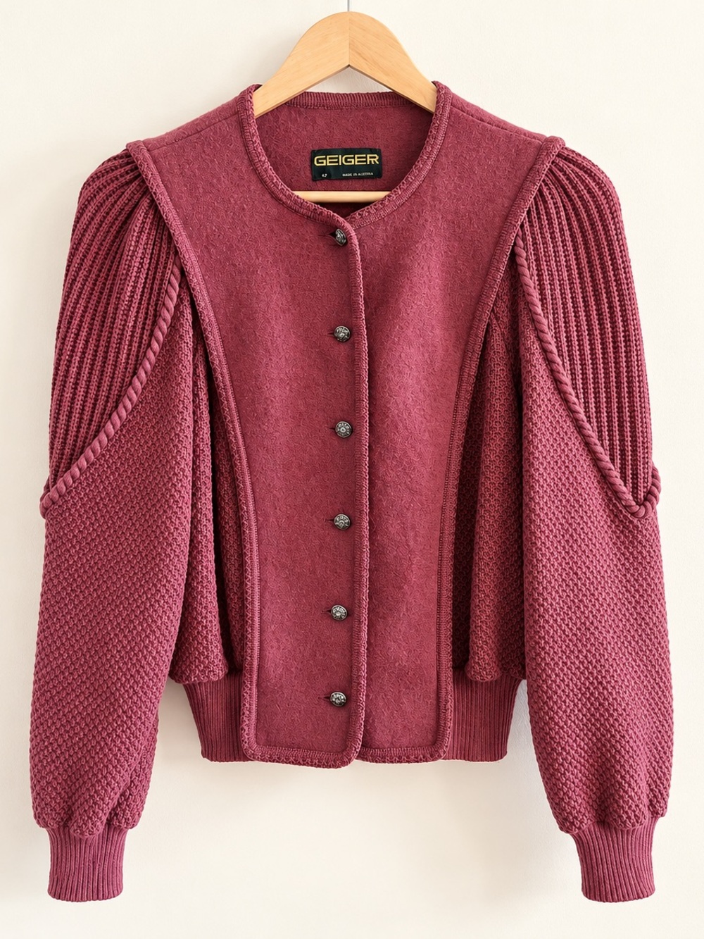 Vintage GEIGER Austrian Wool Cardigan Puff Sleeve Berry Size 42